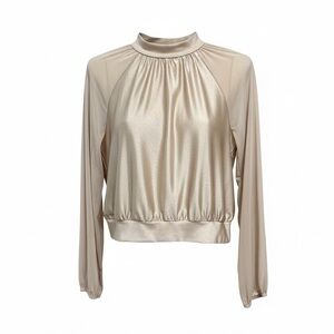 Steps New York Brand satin-Effect Long Sleeve Blouson Top in Champagne Beige